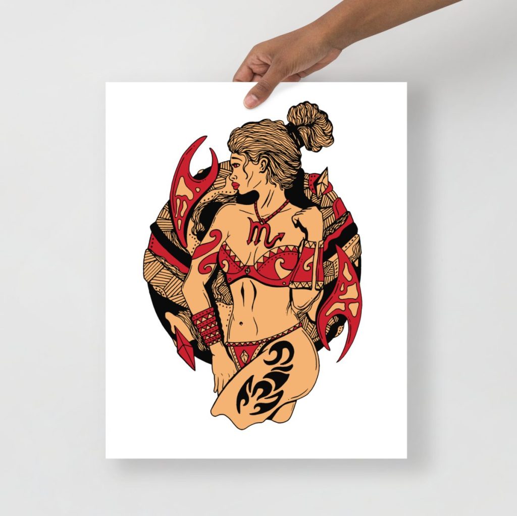 Royal red scorpio art prints depicting a powerful regal beauty with intense allure