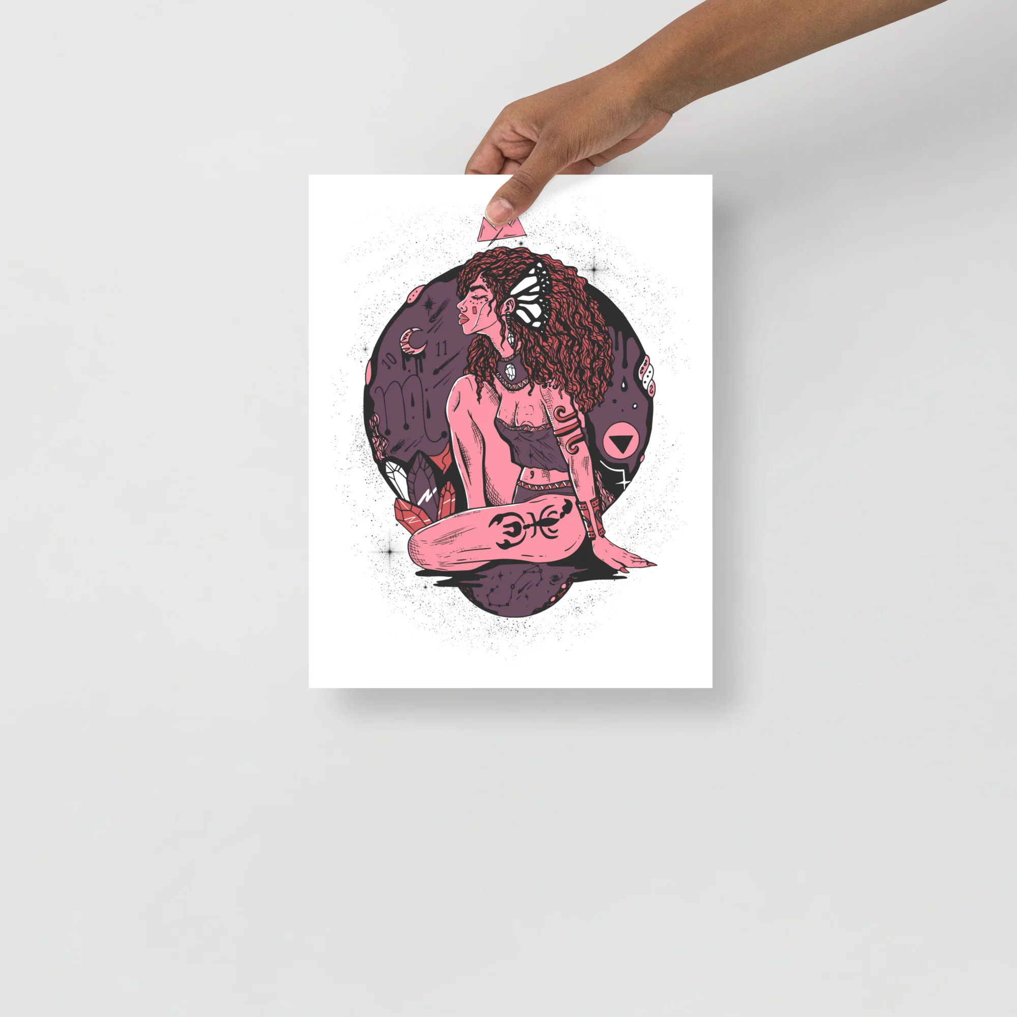 Scorpio goddess art print in mauve rose tones featuring mystical zodiac imagery and celestial symbols