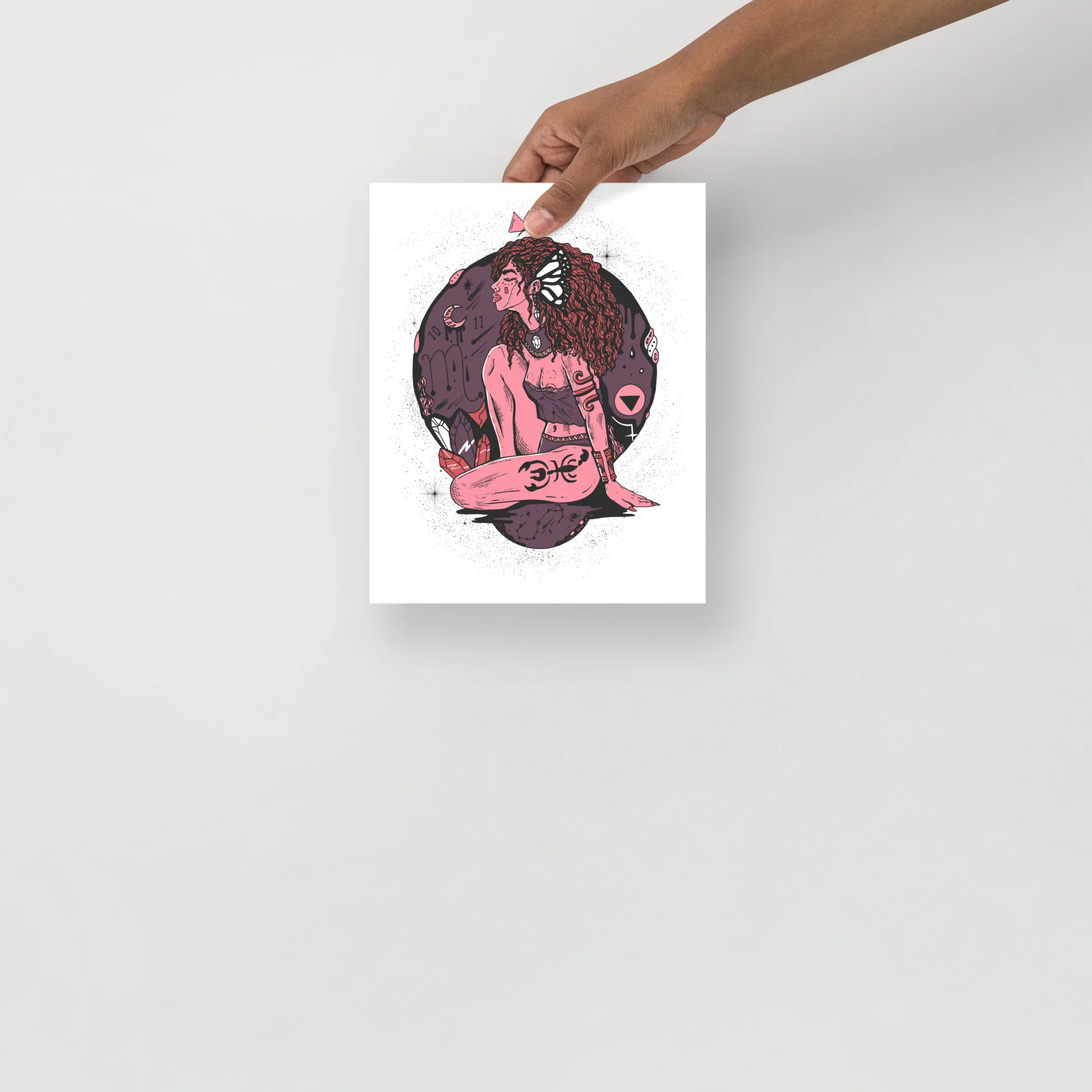 Scorpio goddess art print featuring a mauve rose figure with mystical elements and butterfly details in a circular composition
