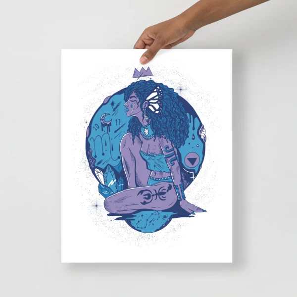 Scorpio goddess art print featuring a mystical woman with curly hair in deep blue and purple tones, surrounded by cosmic symbols and a crown.