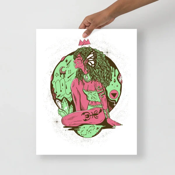 Scorpio goddess art print featuring a pink and green illustrated woman with flowing hair and celestial motifs on white background