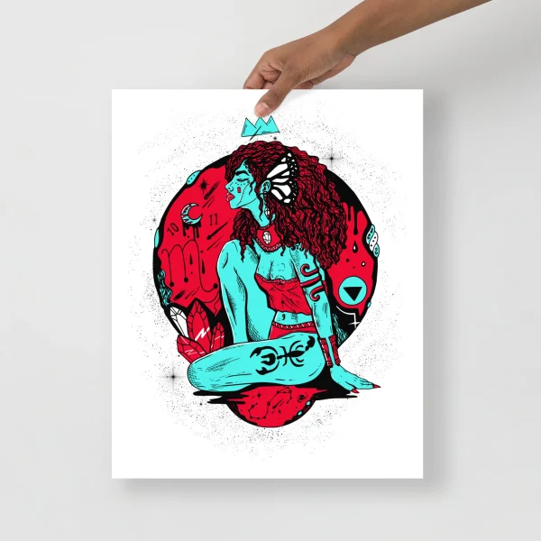 Scorpio goddess art print featuring a turquoise-skinned figure with flowing red hair and bold red accents on celestial background