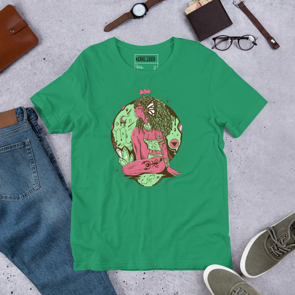 Kelly green Scorpio goddess shirt for women displayed flat with pink and green zodiac illustration