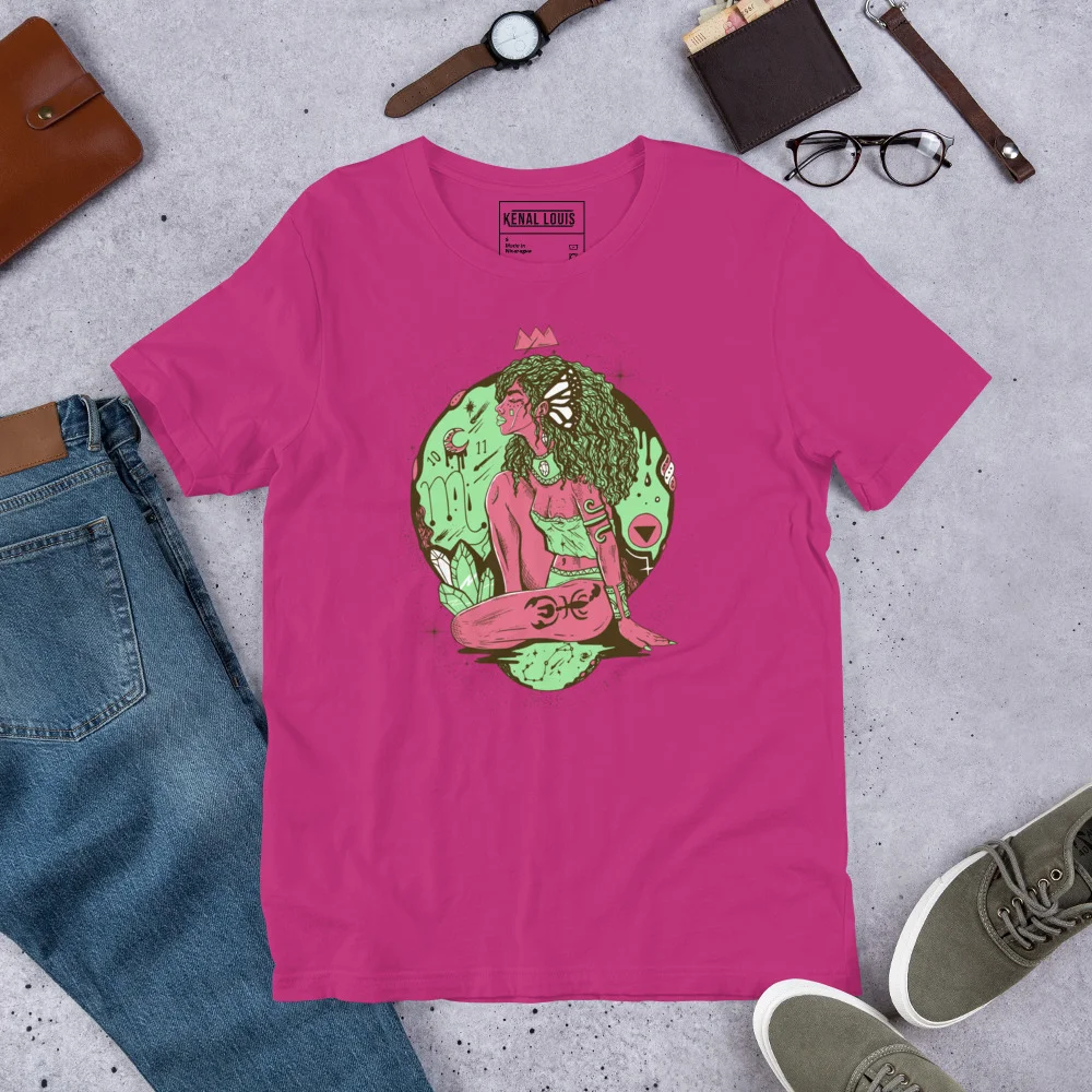Fuchsia pink scorpio goddess shirt with green and pink illustration, displayed flat with styling accessories