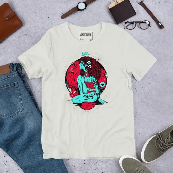 Cream Scorpio goddess shirt featuring turquoise and red artwork of a woman with a surfboard on a circular red background