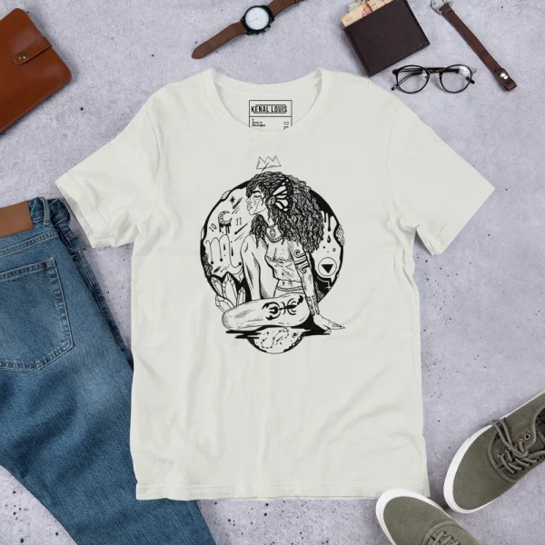 Cream colored scorpio goddess shirt for women featuring black celestial artwork and mystical symbols on front