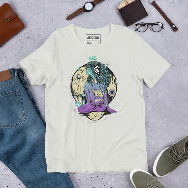 Cream colored Scorpio goddess shirt for women featuring mystical purple zodiac artwork with turquoise accents