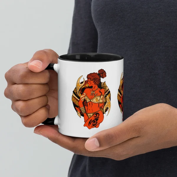 Scorpio female warrior mug in orange and black held in hands, showing zodiac design with colorful rim