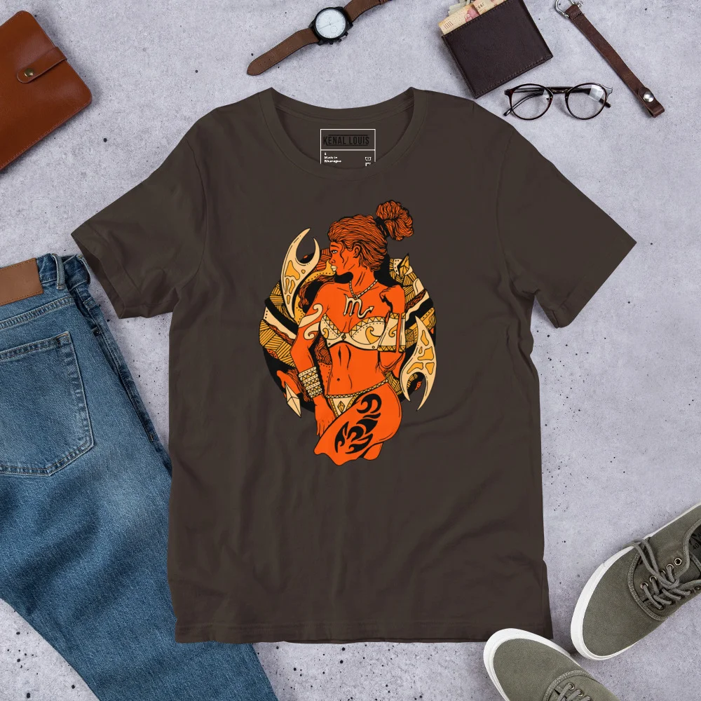 Brown scorpio shirt for women featuring orange and gold zodiac artwork with warrior design