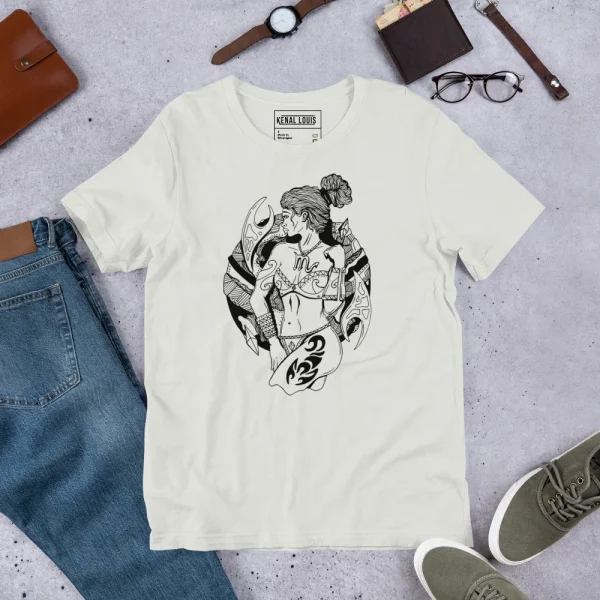 Cream Scorpio shirt for women featuring artistic black line illustration of woman with scorpion design