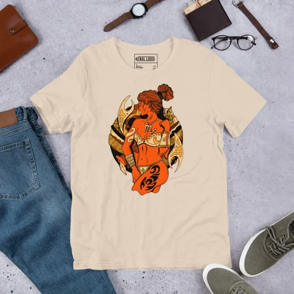 Cream Scorpio shirt for women featuring orange and gold zodiac artwork with warrior woman design