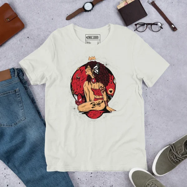 Cream colored scorpio shirt for women featuring red goddess design with celestial artwork and ornate details