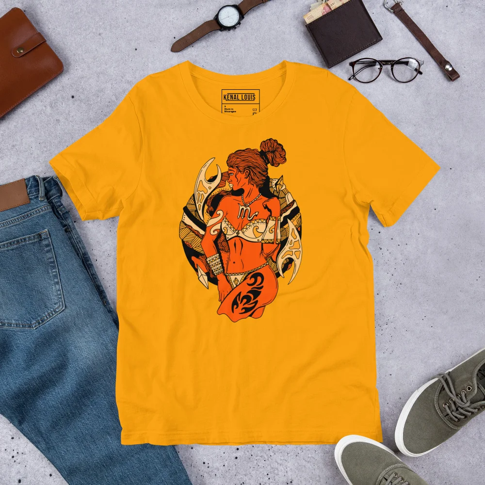 Gold scorpio shirt for women featuring black and orange zodiac warrior artwork on soft cotton tee