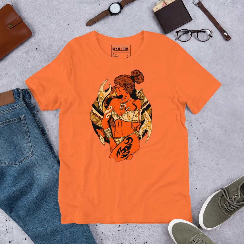 Orange scorpio shirt for women with black and gold zodiac warrior artwork displayed flat lay style