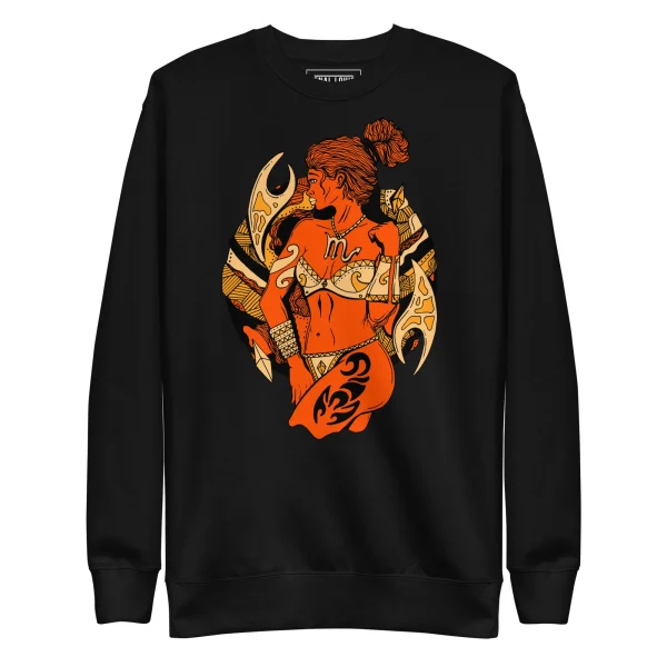 Black scorpio sweatshirt featuring a bold orange and gold warrior woman graphic with celestial design elements