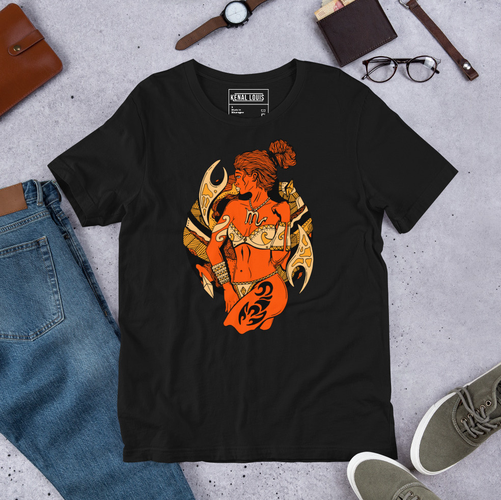 Bold female warrior scorpio t shirt featuring orange and black fierce artwork