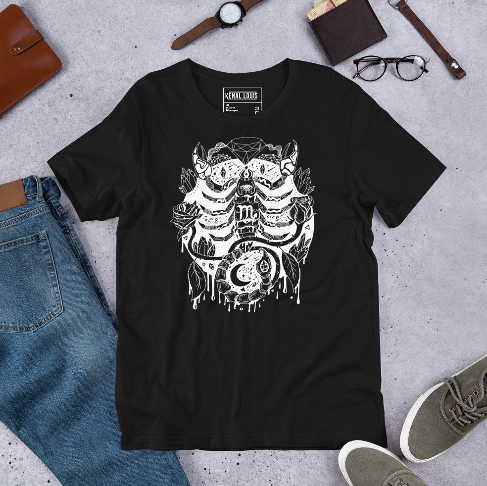 Minimalist white line art scorpio t shirts design on clean graphic tee