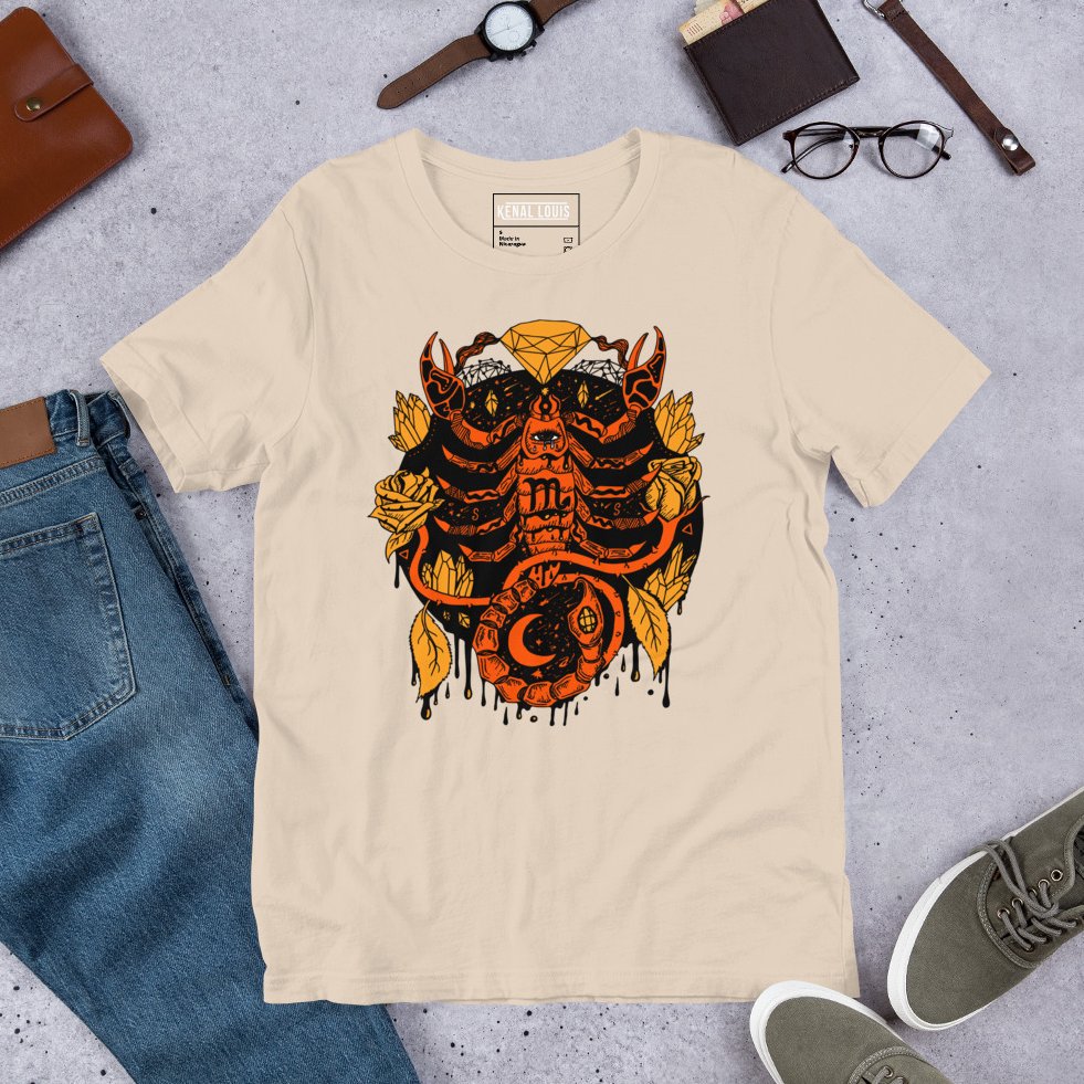 Dark mystic scorpio t shirts showcasing striking black and orange zodiac illustration