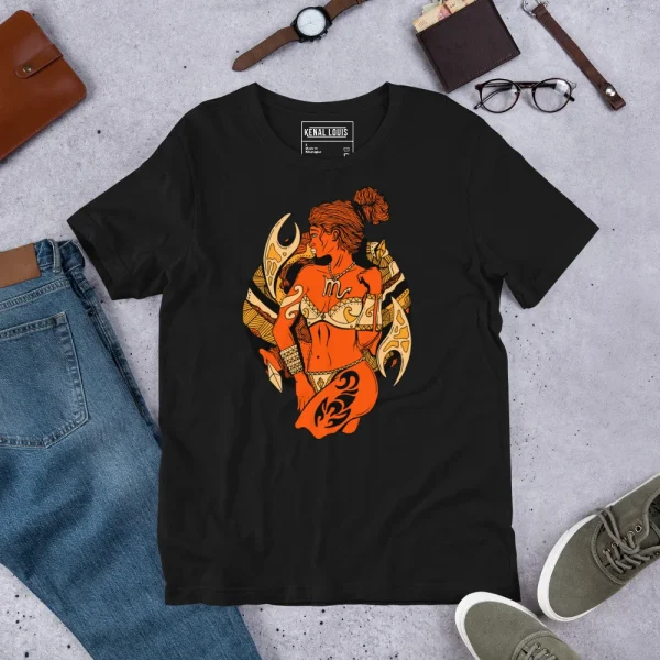 Black scorpio t-shirt featuring orange and gold warrior woman graphic with mystical design elements