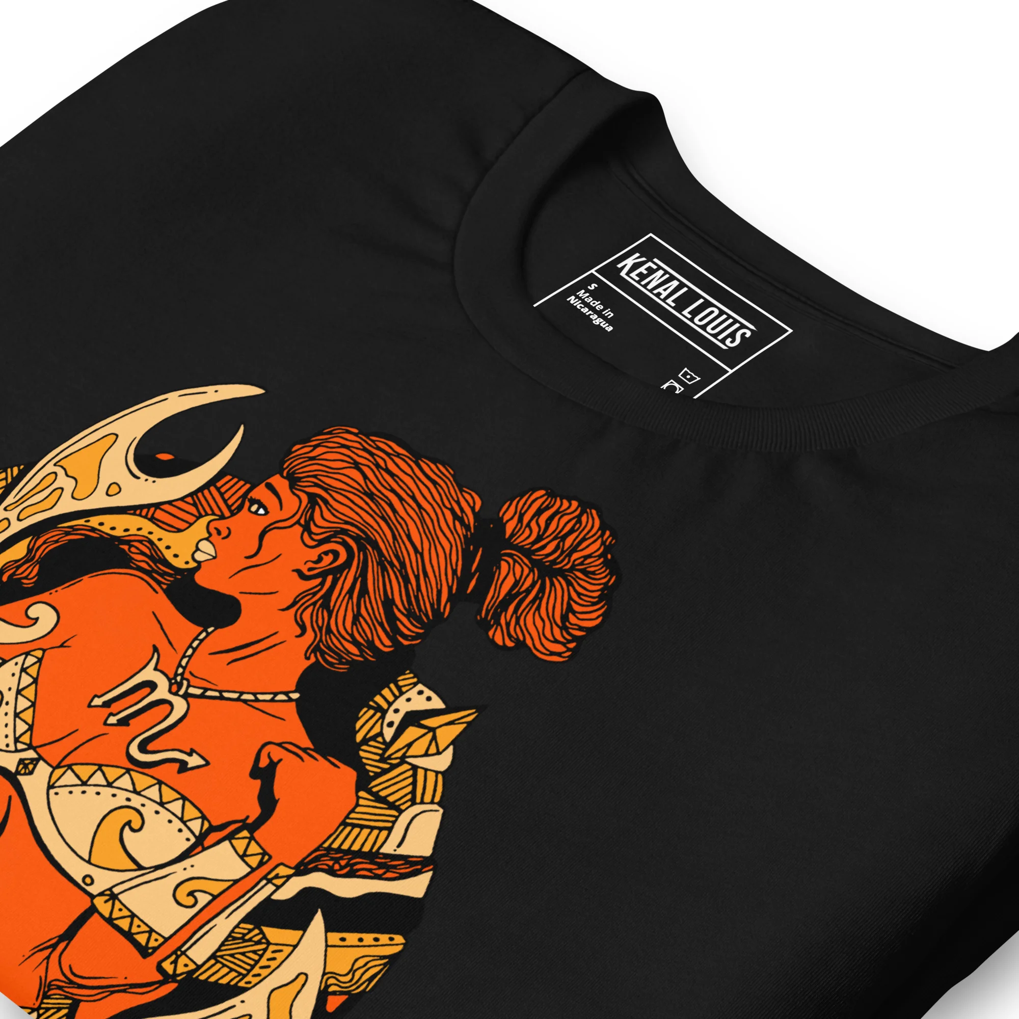 Black scorpio t-shirt featuring an orange and gold female warrior graphic with ornate details and flowing hair
