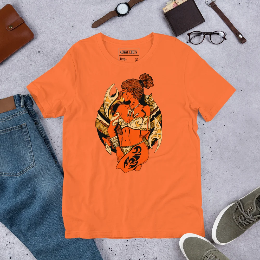 Orange scorpio t-shirt featuring a female warrior with gold armor and black tribal designs on a gray background
