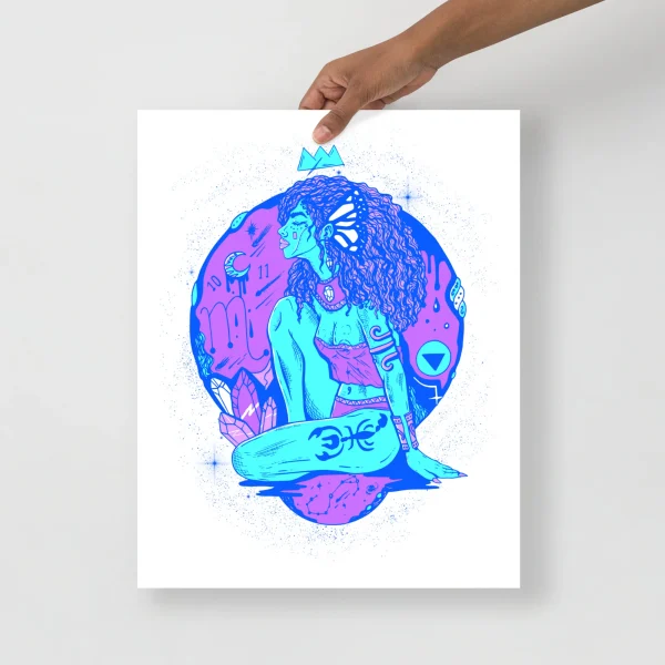 Scorpio wall art featuring a blue goddess illustration with cyan and magenta tones, celestial symbols, and a crown.