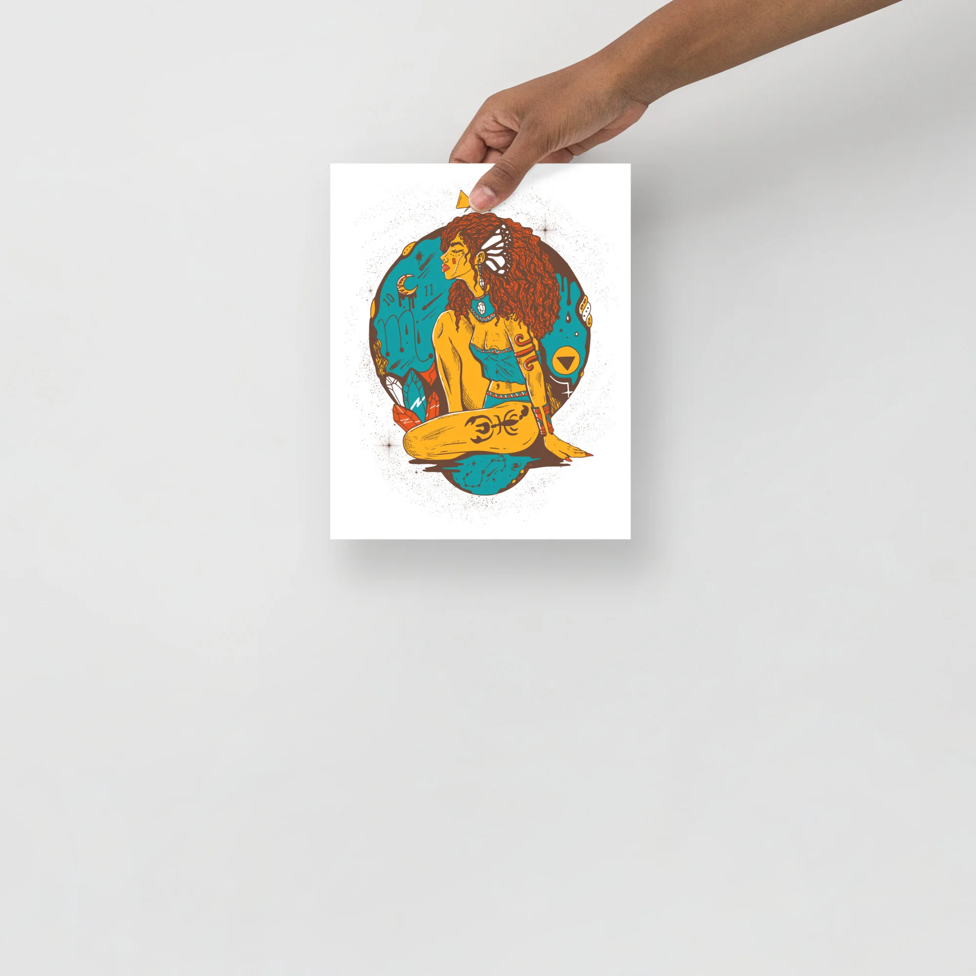 Scorpio goddess wall art print featuring a woman with red hair and golden accents on turquoise background, matte finish