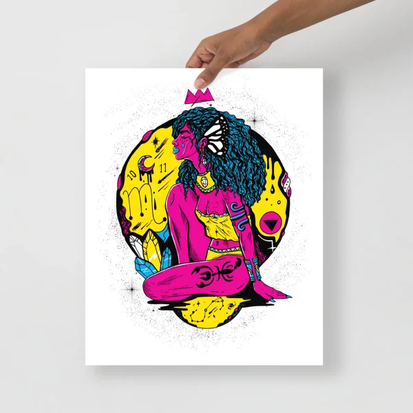 Scorpio wall art featuring a pink and yellow goddess figure with blue wavy hair against a circular yellow background with mystical symbols.
