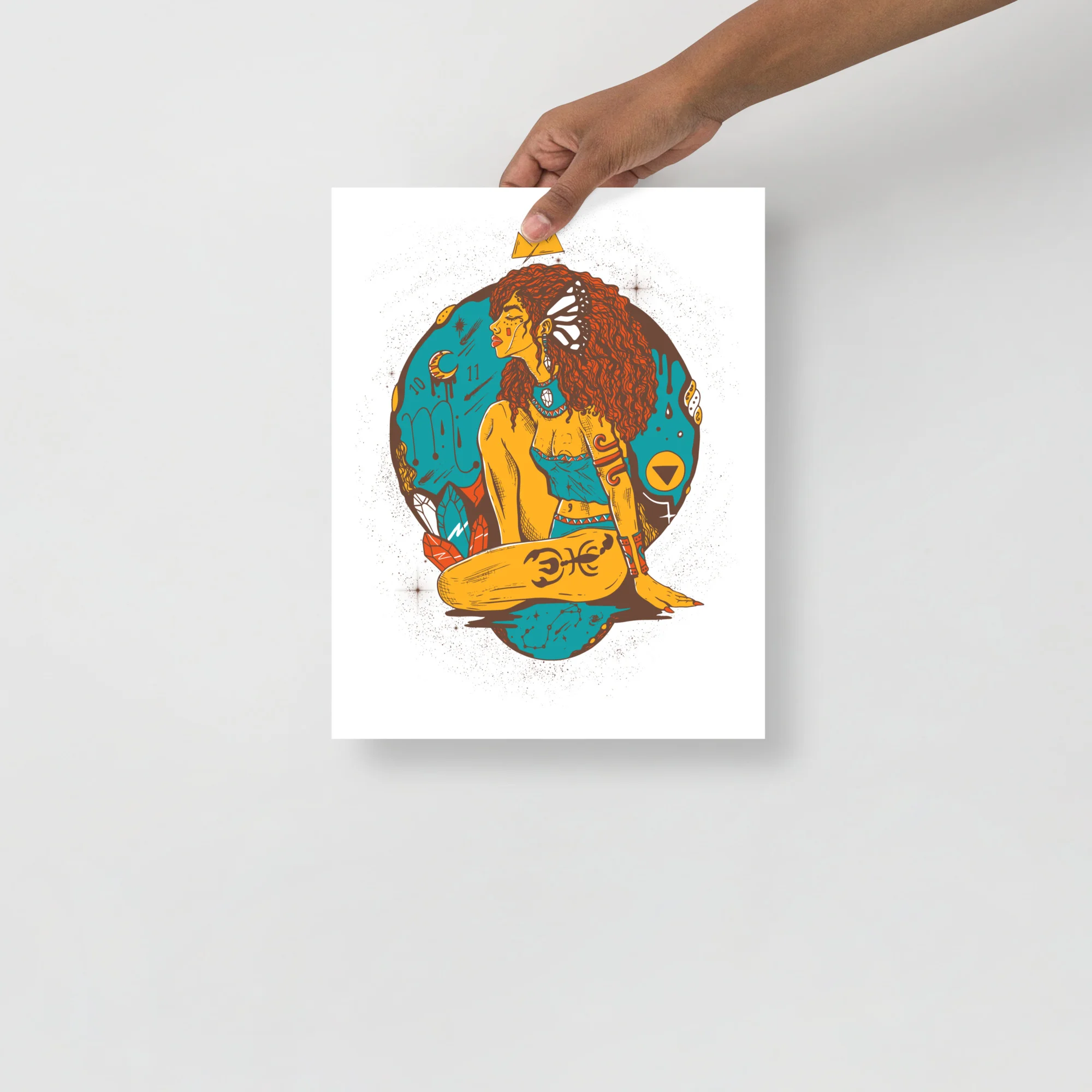 Scorpio wall art featuring a goddess figure with brown hair, gold skin, and turquoise celestial background holding a staff.