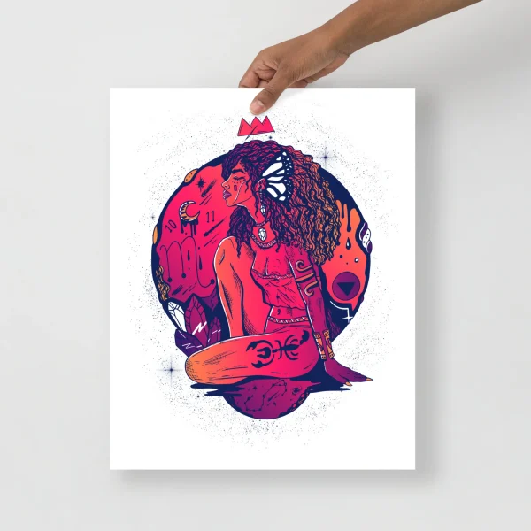Scorpio wall art featuring a vibrant goddess figure with flowing hair in red and navy tones, adorned with mystical symbols and a crown