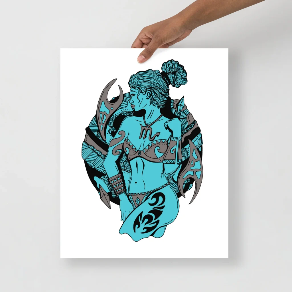 Scorpio Woman Art Print, Blue Zodiac Wall Art
