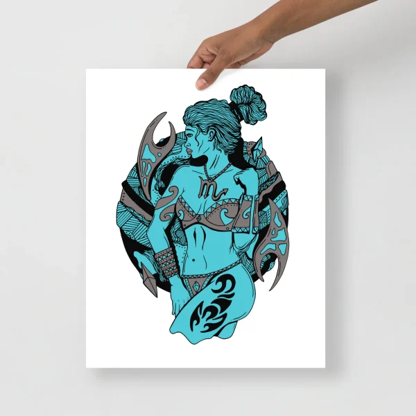 Scorpio woman art print in turquoise blue with intricate armor and weapons on white background