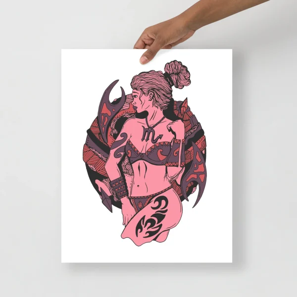 Scorpio woman art print featuring a fierce figure in mauve rose tones with ornate armor and mystical details