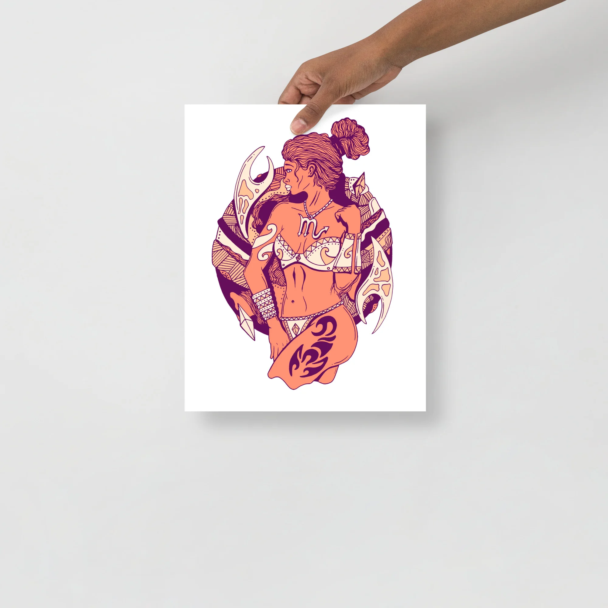 Scorpio woman art print featuring a mystical figure in warm peach and purple tones with celestial scorpion imagery