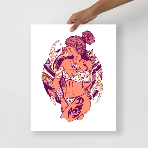 Scorpio woman art print featuring a mystical figure in warm peach and purple tones with celestial armor and scorpion symbolism on matte paper