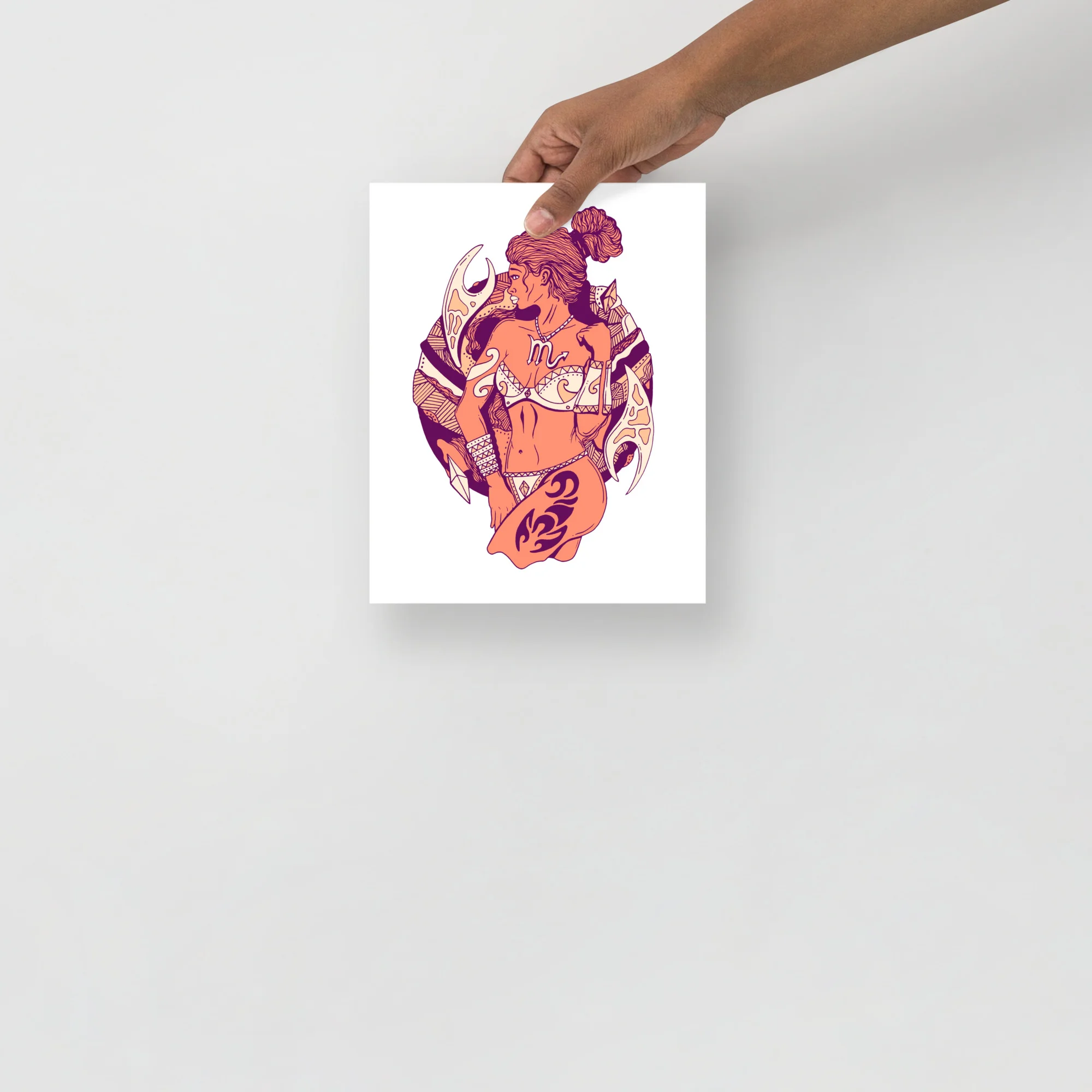 Scorpio woman art print featuring a figure with purple hair and peach-toned skin wearing ornate zodiac jewelry and armor against a white background.