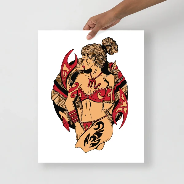Scorpio woman art print featuring a bold figure in crimson red armor with mystical weaponry and tribal tattoos against a white background
