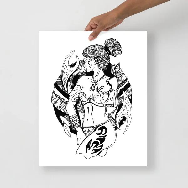 Scorpio zodiac art print featuring a feminine warrior figure with ornate armor and scorpion imagery in black ink line art