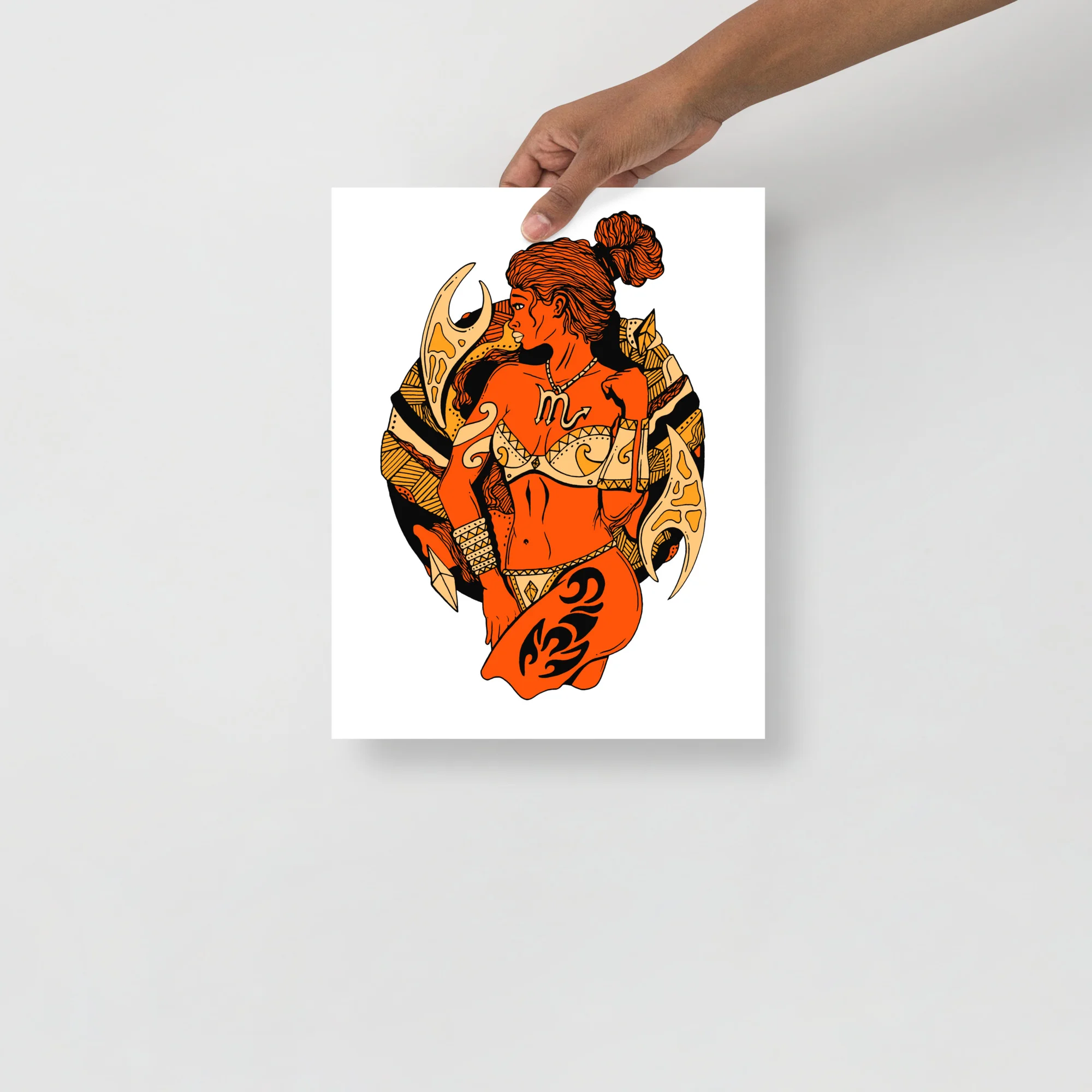 Scorpio zodiac art print featuring a warrior woman in striking orange with ornate gold armor and decorative details