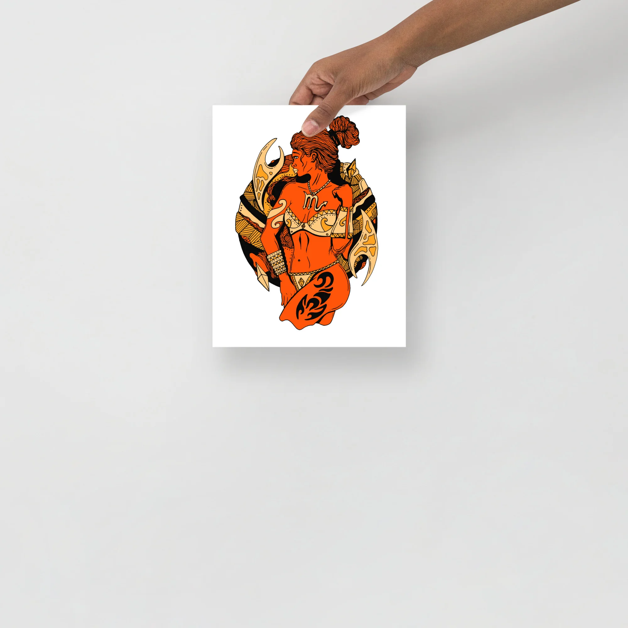 Scorpio zodiac art print featuring a warrior woman in striking orange and gold with ornate armor and celestial details