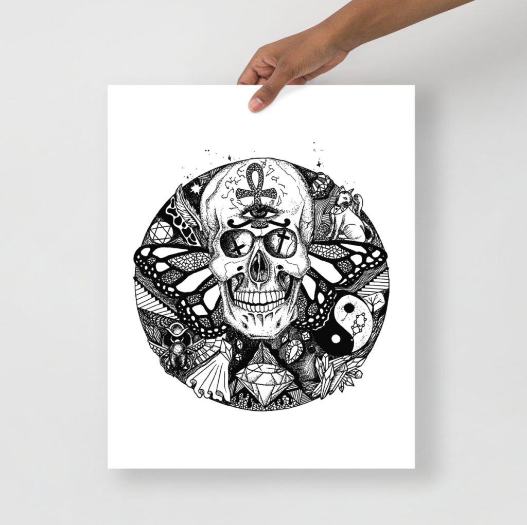 Skull art prints with mystical mandala design evoking the circle of humanity in swirling patterns