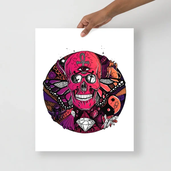 Pink skull art print with colorful butterfly wings and mystical symbols in a circular composition on matte paper