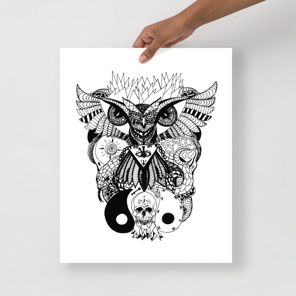 Wise owl perched atop an ageless skull drawing rendered in fine detailed pen and ink