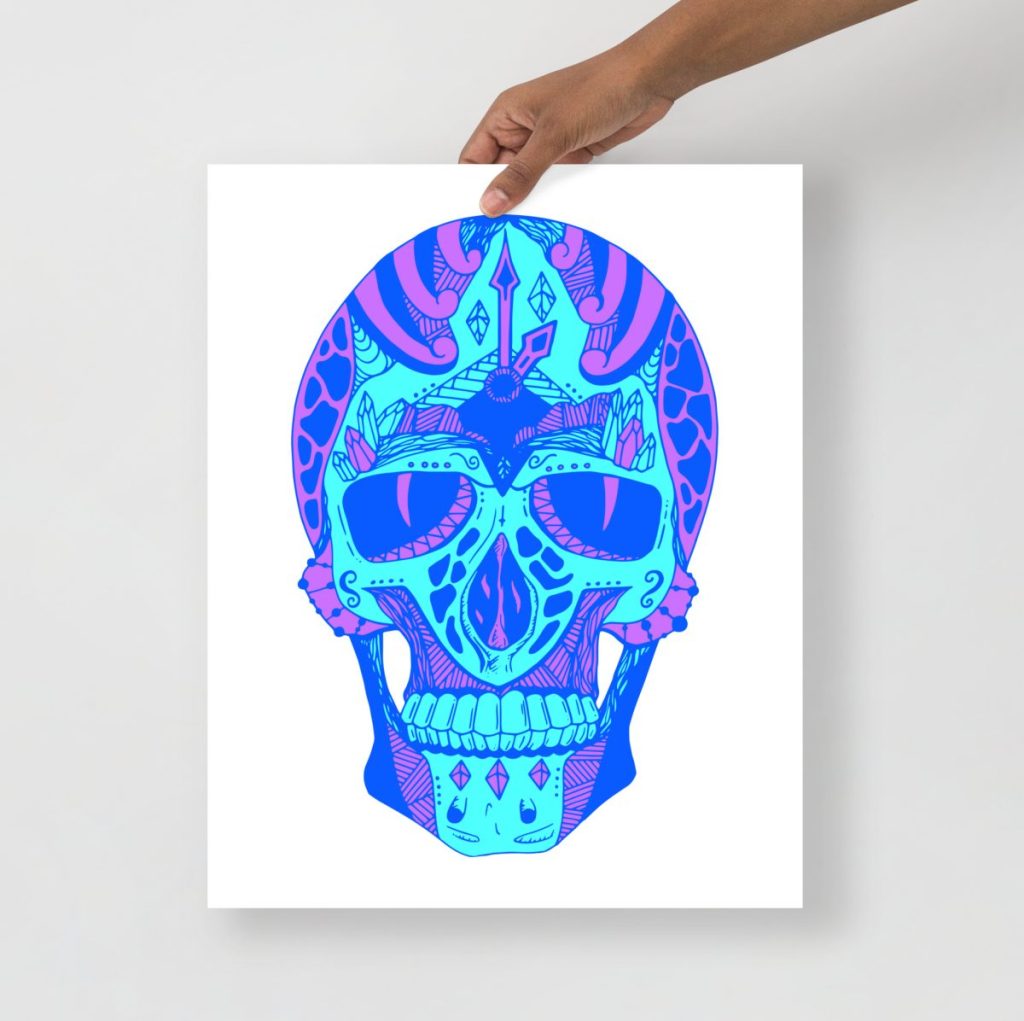 Blue skull art prints in matte museum-quality finish offering elegant minimalist wall decor