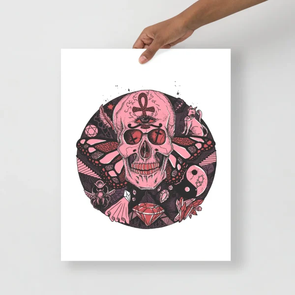 Mauve rose skull art print featuring ornate gothic imagery with intricate circular design and symbolic elements