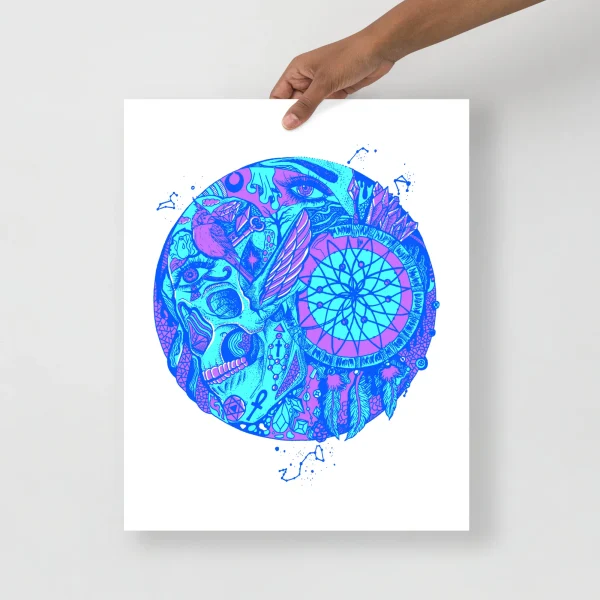 Skull and dreamcatcher art print featuring vibrant blue and magenta intricate design with circular composition