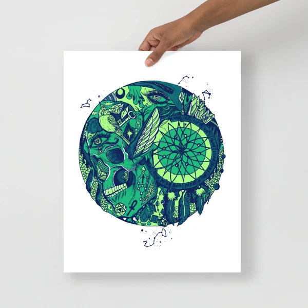 Skull and dreamcatcher art print featuring lime green and navy blue circular design with intricate boho patterns