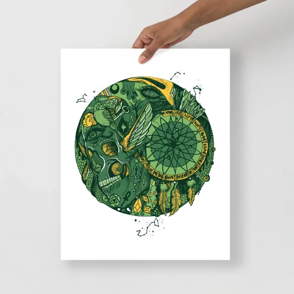 Skull and dreamcatcher art print featuring green and gold circular design with ornate line work and feather details