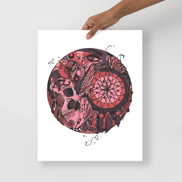 Circular skull and dreamcatcher art print in mauve rose with intricate line work and web design details