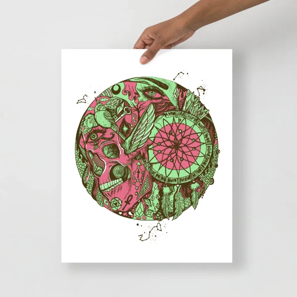 Skull and dreamcatcher art print in vibrant pink and green colors with intricate botanical and mystical details.